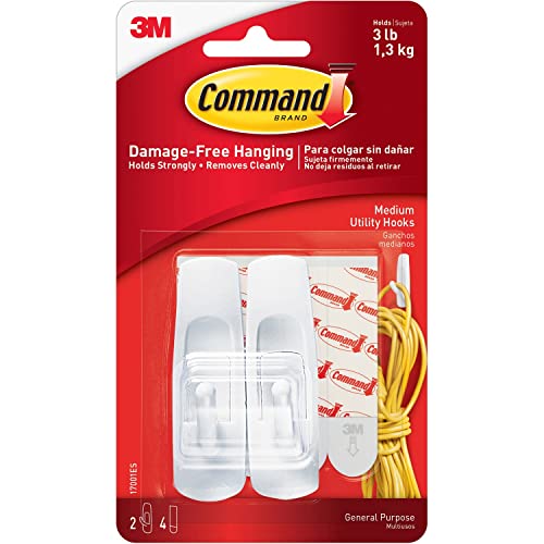 Command 17001Es Reusable Adhesive Hooks, Medium, Holds 3 Lb., 2/Pk, We