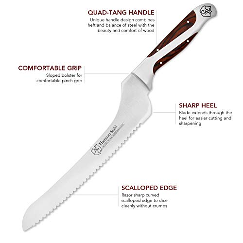 Hammer Stahl 9-Inch Offset Bread Knife - Scallop Serrated Blade - High Carbon German Steel - Ergonomic Quad-Tang Pakkawood Handle