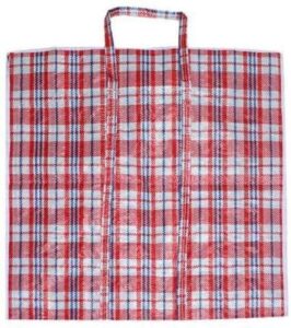 topgrade set of 4 large jumbo, plastic checkered laundry bags zipper & handles. size=27" h x 25" l x 5" w. colors vary between blue, red, black & white.