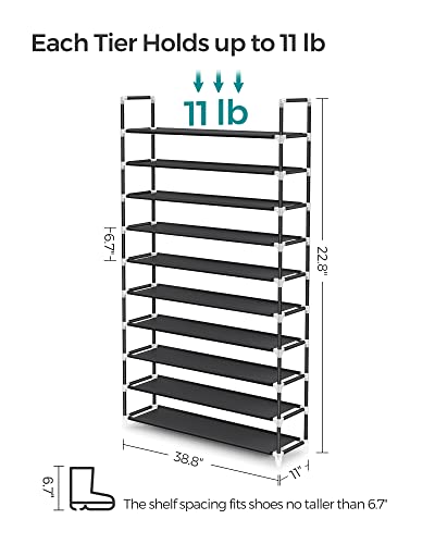 SONGMICS 10-Tier Shoe Rack, Storage Storage Organizer, Holds up to 50 Pairs, Metal Frame, Non-Woven Fabric, for Living Room, Hallway, 39.4 x 11 x 68.9 Inches, Black ULSH11H