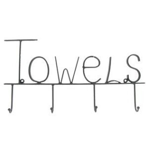 aunt chris' products - black metal towel hooks - the word "towels" in modern lettering across the top - four hooks for easy bathroom organizing - use inside or outside