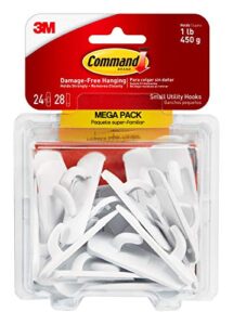 command small utility hooks, damage free hanging wall hooks with adhesive strips, no tools wall hooks for hanging organizational items in living spaces, 24 white hooks and 28 command strips