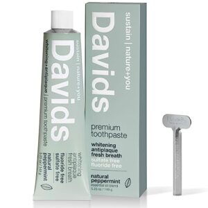 davids natural toothpaste for teeth whitening, peppermint, antiplaque, flouride free, sls free, ewg verified, toothpaste squeezer included, recycable metal tube, 5.25oz