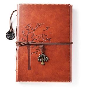 lined refillable vintage writing journal for women, retro tree of life faux leather cover notebook/travel diary,wide ruled paper,daily use gift for bloggers/teachers/back to college students (brown)