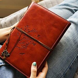 Lined Refillable Vintage Writing Journal for Women, Retro Tree of Life Faux Leather Cover Notebook/Travel Diary,Wide Ruled Paper,Daily Use Gift for Bloggers/Teachers/Back to College Students (Brown)