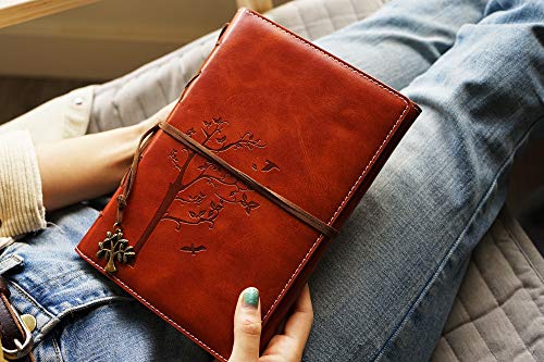 Lined Refillable Vintage Writing Journal for Women, Retro Tree of Life Faux Leather Cover Notebook/Travel Diary,Wide Ruled Paper,Daily Use Gift for Bloggers/Teachers/Back to College Students (Brown)