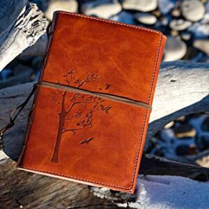 Lined Refillable Vintage Writing Journal for Women, Retro Tree of Life Faux Leather Cover Notebook/Travel Diary,Wide Ruled Paper,Daily Use Gift for Bloggers/Teachers/Back to College Students (Brown)