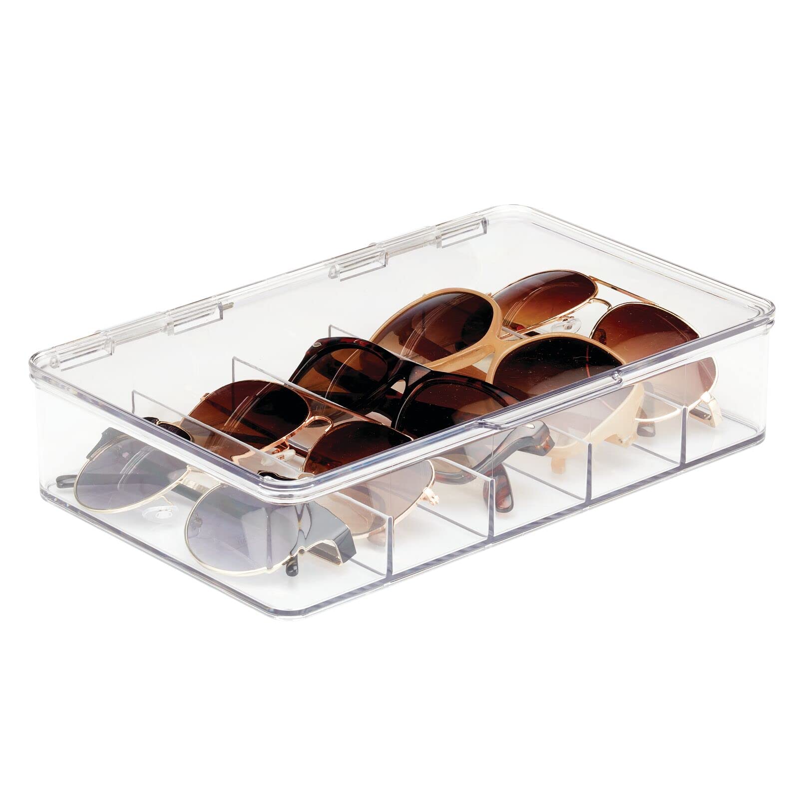 mDesign Plastic Stackable Eyeglass Case Storage Organizer with Hinged Lid for Unisex Sunglasses, Reading Glasses, Fashion Eye Wear, Protective Glasses, 5 Sections, Ligne Collection - Clear