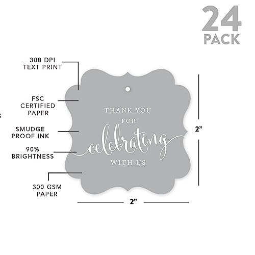 Andaz Press Fancy Frame Tags, Thank You for Celebrating with Us, Gray, 24-Pack, for Baby Bridal Wedding Shower, Birthdays, Anniversary, Graduation, Baptism, Christening, Party, Boxes, Presents
