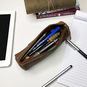 RUSTIC TOWN Leather Pencil Pouch - Zippered Pen Case for Work & Office (Brown)
