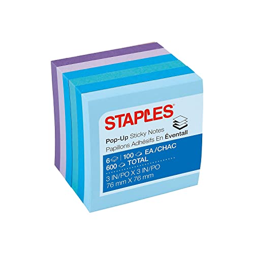 Staples Stickies 3" x 3" Assorted Watercolor Pop-Up Notes, 6/Pack of 100= 600 Notes Pads