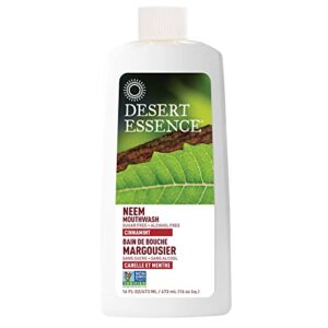 desert essence neem cinnamint mouthwash 16 fl oz - non-gmo, gluten free, vegan, cruelty free, sugar free, alcohol free - eco-harvest tea tree oil - ayurvedic neem -