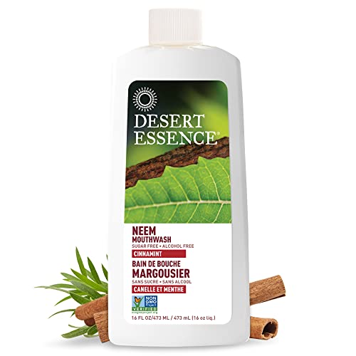 Desert Essence Neem Cinnamint Mouthwash 16 fl oz - Non-GMO, Gluten Free, Vegan, Cruelty Free, Sugar Free, Alcohol Free - Eco-Harvest Tea Tree Oil - Ayurvedic Neem -