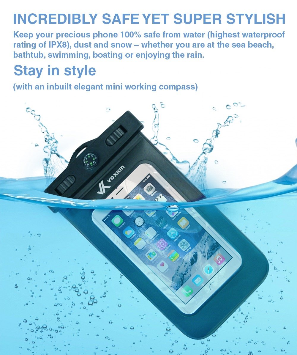 Voxkin Premium Quality Universal Waterproof Case with Armband, Compass, Lanyard - Best Water Proof, Dustproof, Snowproof Pouch Bag for iPhone 12 Pro Max, 12 Mini, S21 Ultra, S20, OnePlus 8, Pixel 5