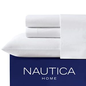 nautica - twin sheets, cotton percale bedding set, dorm room essentials (solid white, twin)