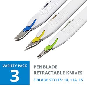 TIDI PenBlade Retractable Utility Knife, Blade Sizes 10, 11A, and 15 (Pack of 3) - Stainless Steel Hobby Knife - Durable and Food-Safe Craft Knife Set for Any DIY Project