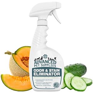 advanced pet supplies odor & stain eliminator - cat urine & dog pee cleaner solution - carpet & fabric pet cleaning essentials - pet pee enzyme deodorizer & stain remover with cucumber melon scent, 32oz spray