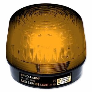 seco-larm sl-1301-saq/a amber lens strobe light, 10 vertical led strips (54 leds), built-in 100db programmable siren, six different flash patterns, adjustable flashing speed, indoor/outdoor use