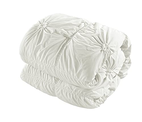 Chic Home Halpert 6 Piece Comforter Set Floral Pinch Pleated Ruffled Designer Embellished Bed Skirt and Decorative Pillows Shams Included, Queen, White