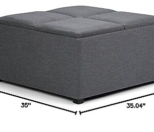 SIMPLIHOME Avalon 35 inch Wide Contemporary Square Coffee Table Storage Ottoman in Slate Grey Linen Look Fabric for the Living Room and Bedroom