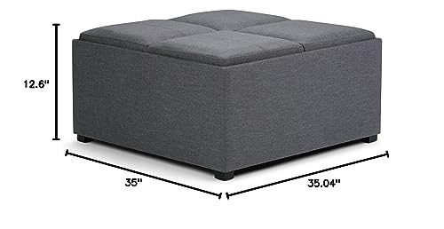 SIMPLIHOME Avalon 35 inch Wide Contemporary Square Coffee Table Storage Ottoman in Slate Grey Linen Look Fabric for the Living Room and Bedroom