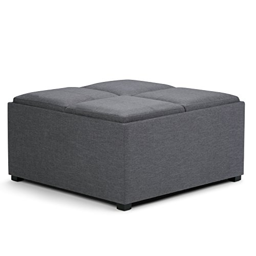 SIMPLIHOME Avalon 35 inch Wide Contemporary Square Coffee Table Storage Ottoman in Slate Grey Linen Look Fabric for the Living Room and Bedroom