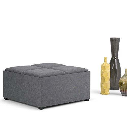SIMPLIHOME Avalon 35 inch Wide Contemporary Square Coffee Table Storage Ottoman in Slate Grey Linen Look Fabric for the Living Room and Bedroom