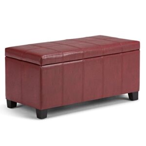 simplihome dover 36 inch wide rectangle lift top storage ottoman bench in upholstered radicchio red faux leather, footrest stool, coffee table for the living room, bedroom and kids room