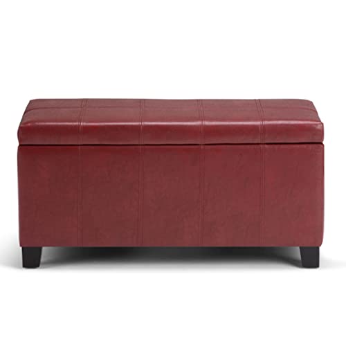 SIMPLIHOME Dover 36 inch Wide Rectangle Lift Top Storage Ottoman Bench in Upholstered Radicchio Red Faux Leather, Footrest Stool, Coffee Table for the Living Room, Bedroom and Kids Room