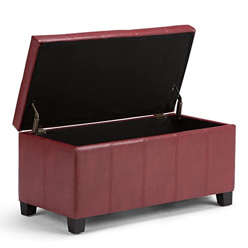 SIMPLIHOME Dover 36 inch Wide Rectangle Lift Top Storage Ottoman Bench in Upholstered Radicchio Red Faux Leather, Footrest Stool, Coffee Table for the Living Room, Bedroom and Kids Room