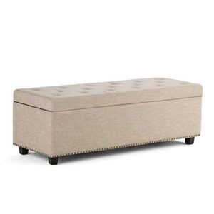 simplihome hamilton 48 inch wide rectangle lift top storage ottoman in upholstered natural tufted linen look fabric with large storage space for the living room, entryway, bedroom, traditional
