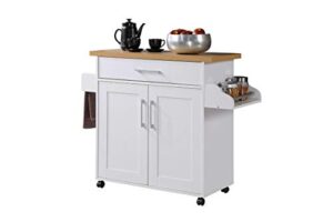 hodedah kitchen island with spice rack, towel rack & drawer, white with beech top, 15.5 x 35.5-44.9 x 35.2 inches