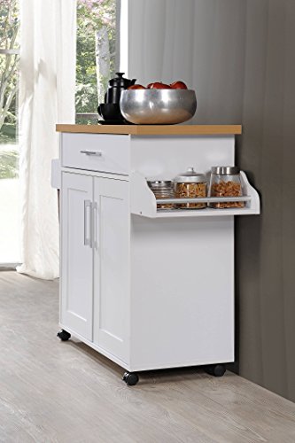 Hodedah Kitchen Island with Spice Rack, Towel Rack & Drawer, White with Beech Top, 15.5 x 35.5-44.9 x 35.2 inches