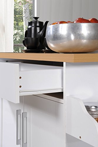 Hodedah Kitchen Island with Spice Rack, Towel Rack & Drawer, White with Beech Top, 15.5 x 35.5-44.9 x 35.2 inches