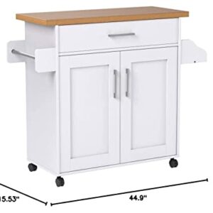 Hodedah Kitchen Island with Spice Rack, Towel Rack & Drawer, White with Beech Top, 15.5 x 35.5-44.9 x 35.2 inches