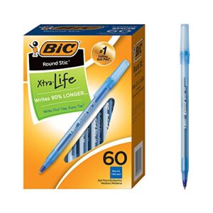bic round stic xtra life ballpoint pen, medium point (1.0mm), blue, 60-count