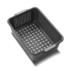 madesmart plastic multipurpose storage basket with handles, portable under sink and cabinet organizer storage bin, small, granite