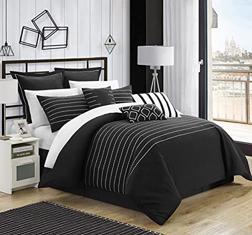 Chic Home 9 Piece Brenton Super Rich Microfiber Stitch Embroidered Comforter, King, Black,CS3952-AN