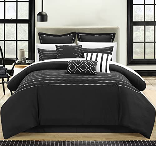 Chic Home 9 Piece Brenton Super Rich Microfiber Stitch Embroidered Comforter, King, Black,CS3952-AN