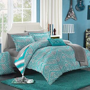 Chic Home Laredo Chevron and Geometric Printed Reversible Comforter Sheet Set, Full, Aqua