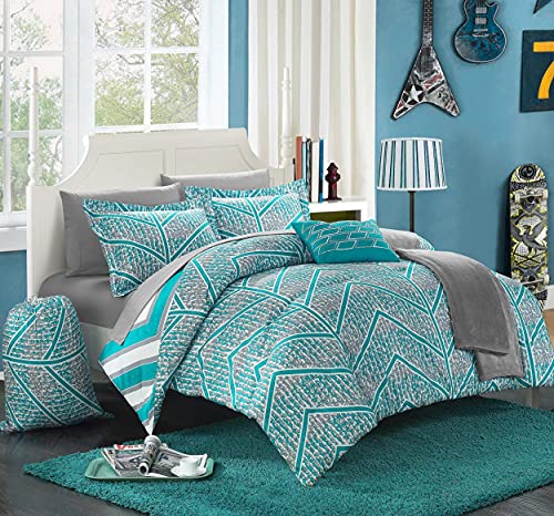 Chic Home Laredo Chevron and Geometric Printed Reversible Comforter Sheet Set, Full, Aqua