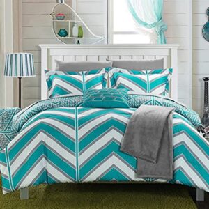 Chic Home Laredo Chevron and Geometric Printed Reversible Comforter Sheet Set, Full, Aqua