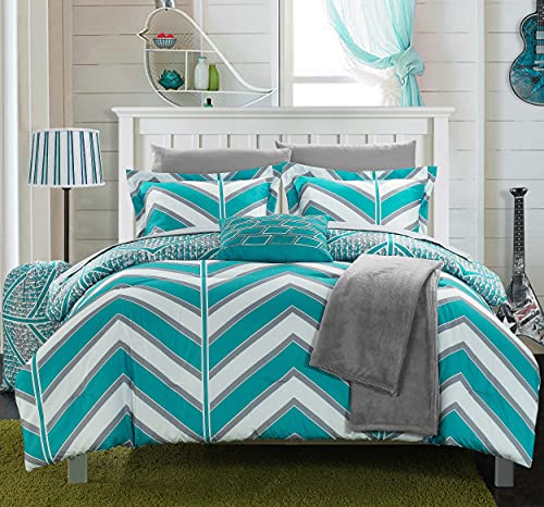 Chic Home Laredo Chevron and Geometric Printed Reversible Comforter Sheet Set, Full, Aqua