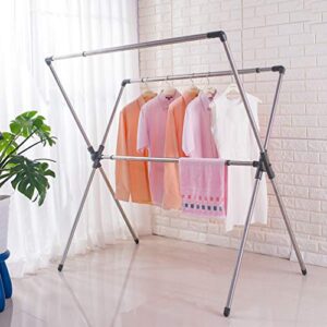BAOYOUNI Double Poles Folding Clothes Drying Rack Stainless Steel Expandable Rods Space Saving Retractable Heavy Duty Garment Hanger Rail 37'' to 66'', Grey