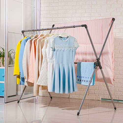 BAOYOUNI Double Poles Folding Clothes Drying Rack Stainless Steel Expandable Rods Space Saving Retractable Heavy Duty Garment Hanger Rail 37'' to 66'', Grey