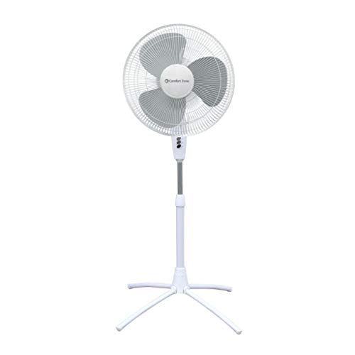 Comfort Zone CZST185WT 18" 3-Speed Oscillating Pedestal Fan with Adjustable Height and Tilt, 90-Degree Oscillation and Quad-Pod Folding Base, White