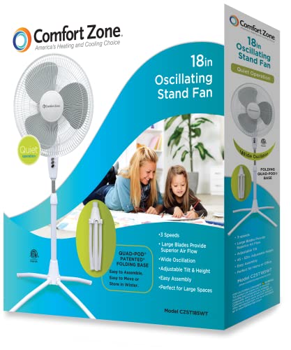 Comfort Zone CZST185WT 18" 3-Speed Oscillating Pedestal Fan with Adjustable Height and Tilt, 90-Degree Oscillation and Quad-Pod Folding Base, White