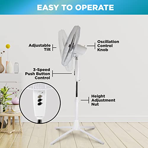 Comfort Zone CZST185WT 18" 3-Speed Oscillating Pedestal Fan with Adjustable Height and Tilt, 90-Degree Oscillation and Quad-Pod Folding Base, White