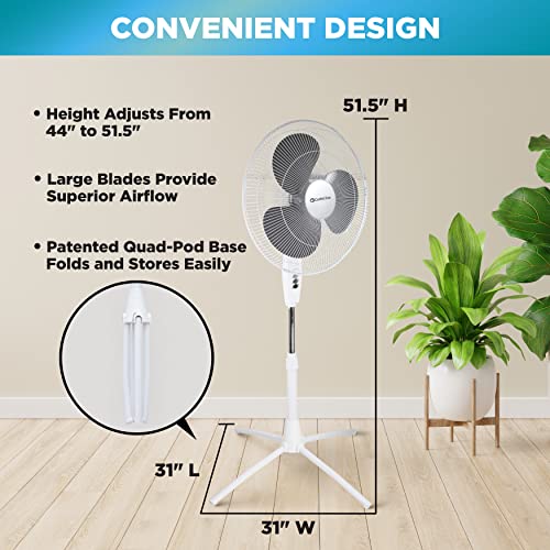 Comfort Zone CZST185WT 18" 3-Speed Oscillating Pedestal Fan with Adjustable Height and Tilt, 90-Degree Oscillation and Quad-Pod Folding Base, White