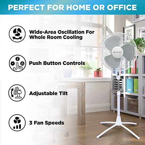 Comfort Zone CZST185WT 18" 3-Speed Oscillating Pedestal Fan with Adjustable Height and Tilt, 90-Degree Oscillation and Quad-Pod Folding Base, White